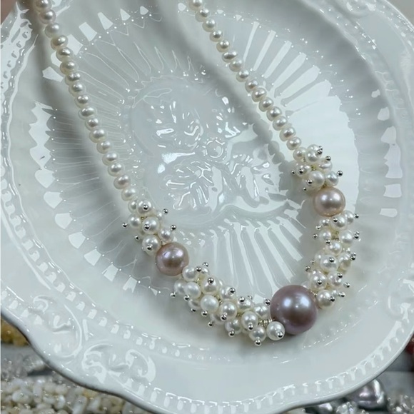 Pearl Jewelry - F10- Handmade Cluster Natural Freshwater Pearl Necklace, gift for her